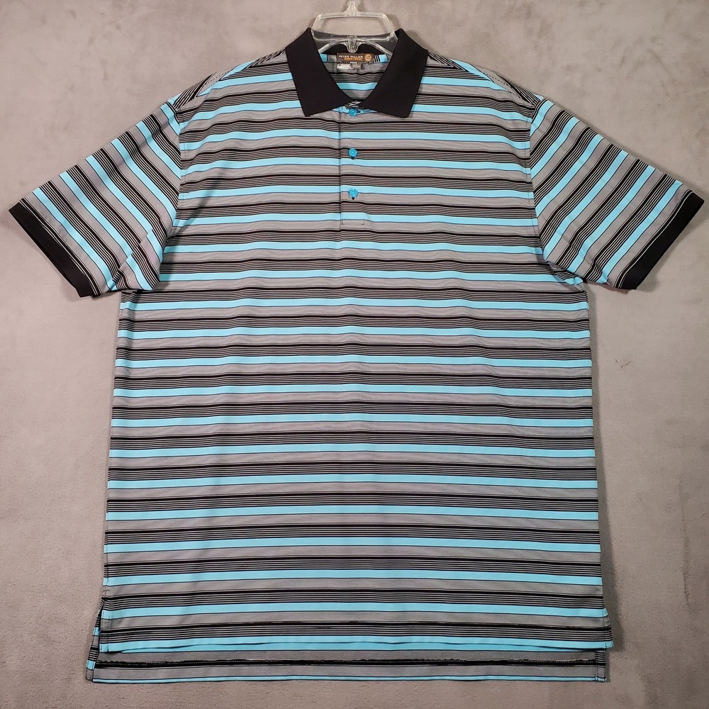 Peter Millar Polo Mens L Black Blue Striped Summer Comfort Golf Performance Prep